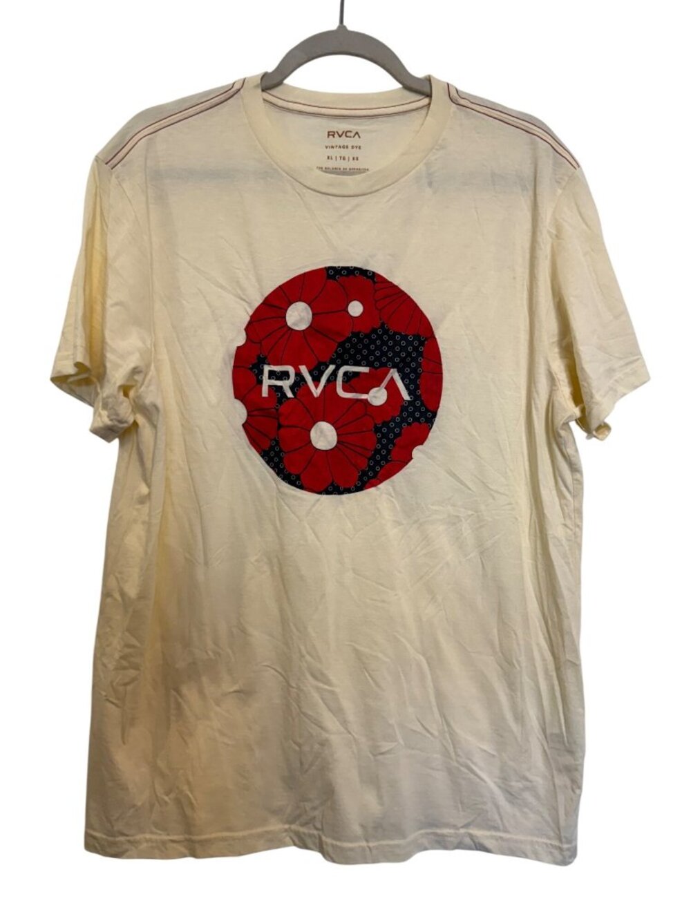 RVCA Vintage Dye T-Shirt menss XL Floral Red Circle Graphic Ivory Cotton Blend